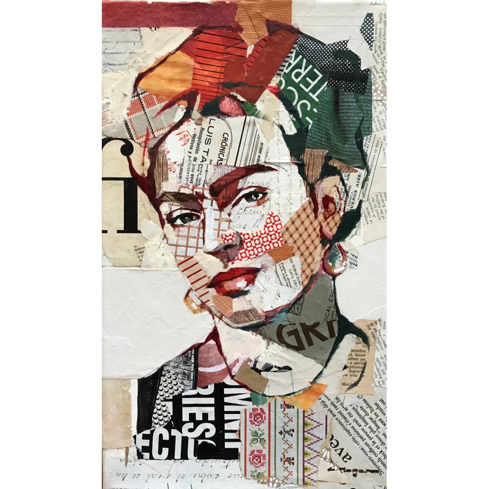 Portrait de Frida Kahlo, peinture et collages mix media par l'artiste peintre contemporaine Carme Magem