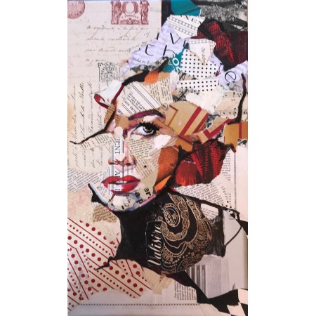 Painted portrait of Marilyn Monroe , mix media with collage and oil painting by painter artist Carme Magem