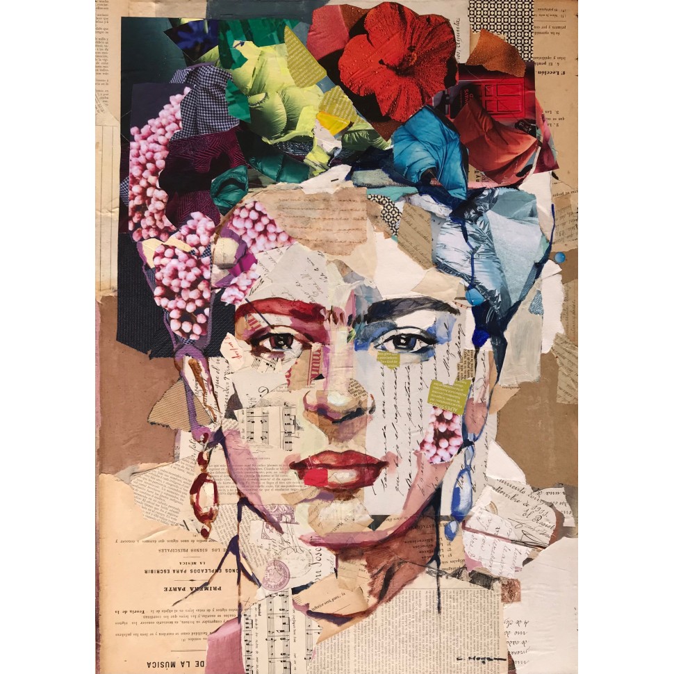 Portrait of Frida Kahlo on canvas with collages by artist painter Carme Magem.