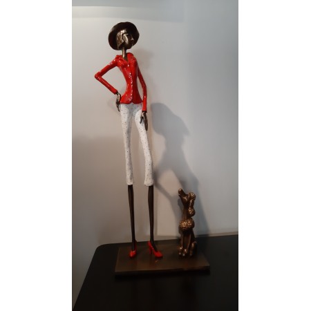 Red and white lacquered bronze sculpture of an elegant woman in a hat with her dog signed Chantal de Sutter