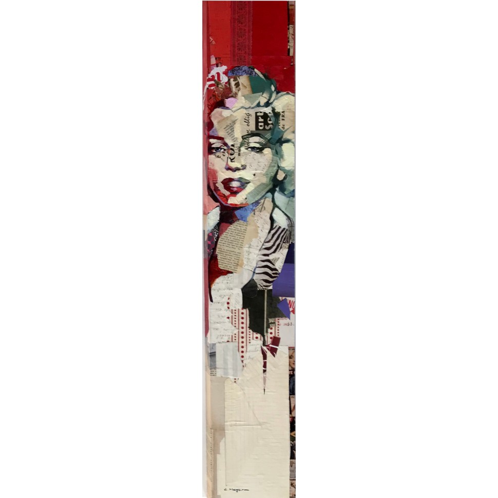Tableau de Marilyn Monroe en collages et huile en format atypique vertical par l'artiste peintre Carme Magem