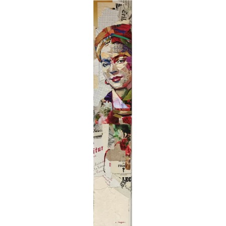 Portrait of Frida Kahlo in collages and oil in atypical vertical format by the painter Carme Magem