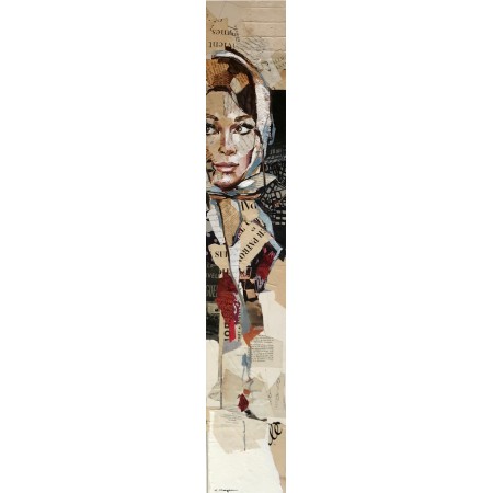 Portrait of Audrey Hepburn in collages and oil in atypical vertical format by the painter Carme Magem