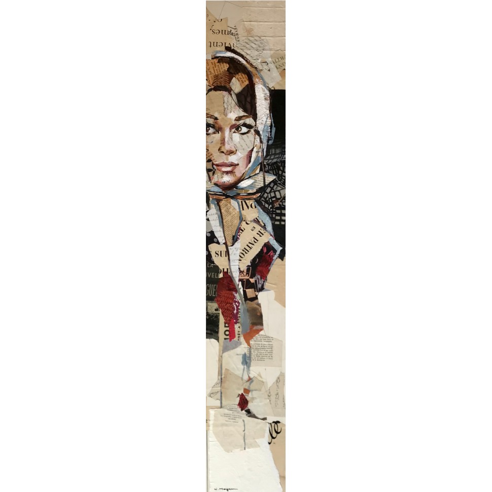 Portrait d'Audrey Hepburn en collages et huile en format atypique vertical par l'artiste peintre Carme Magem