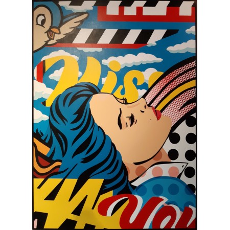 Acrylic and spray painting on canvas of a pretty sleeping woman in pop art style, by the painter Stéphane Gubert