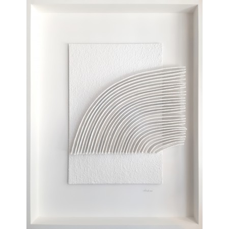 Wall sculpture painting in entirely white paper and wood by the visual artist René Galassi