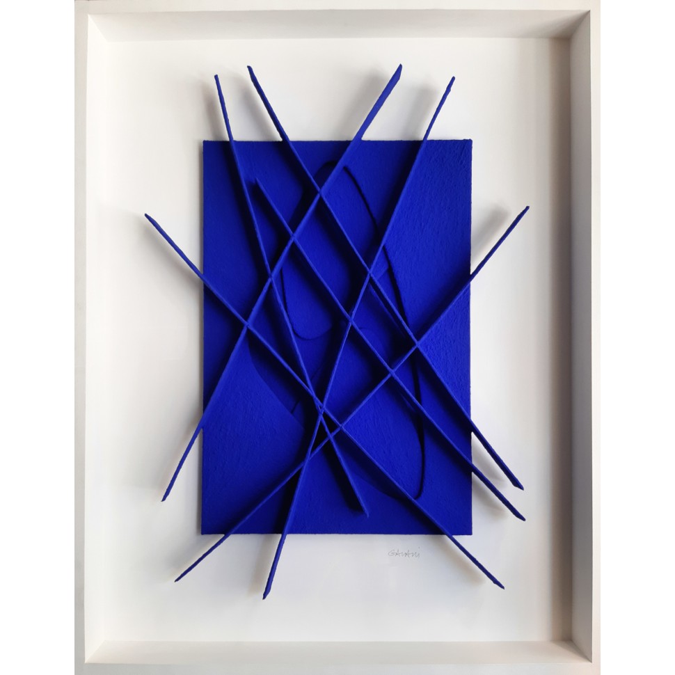 Wall sculpture painting in ultramarine klein blue paper and wood by the visual artist René Galassi