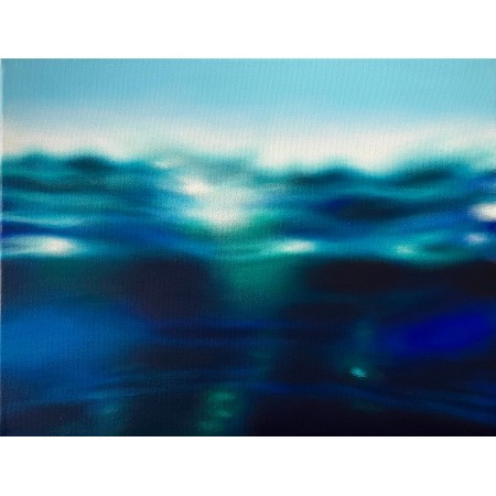 Peinture sur toile vue des vagues de l'océan bleues, turquoise, émeraude en haute mer par l'artiste peintre Laëtitia Giraud