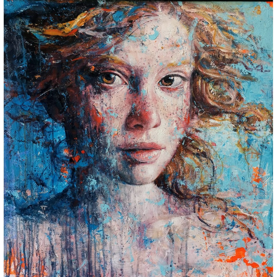 Portretschilderij van een jong meisje met een mysterieuze blik door expressionistische schilder Michelino Iorizzo