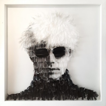 Portrait of Andy Warhol made in feathers in suspension by the visual artist Marie-Ange Daudé