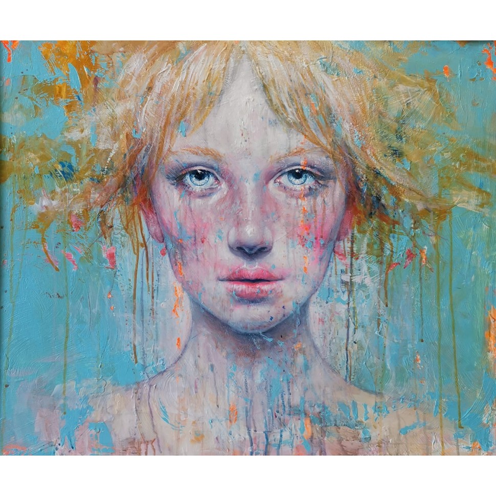 Peinture de portrait d'une jeune fille aux cheveux blonds par l'artiste peintre expressionniste Michelino Iorizzo
