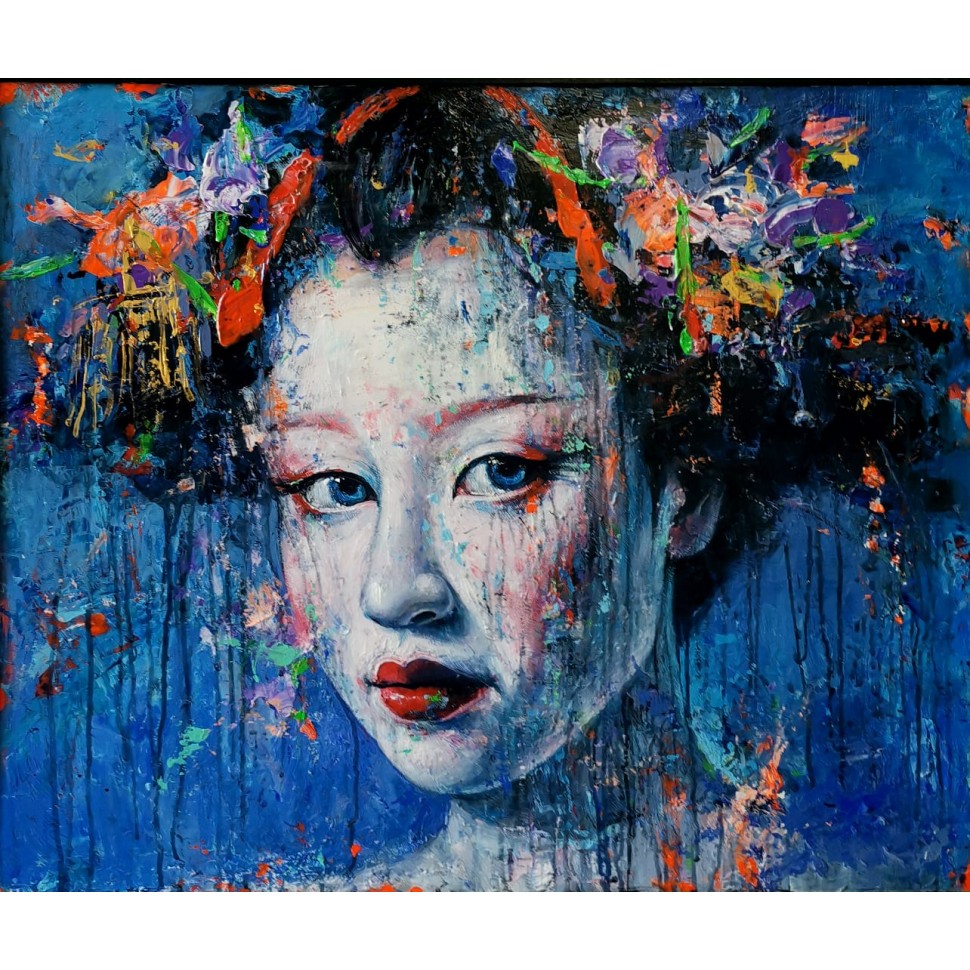 Blue portrait painting of a young Japanese geisha by expressionist painter Michelino Iorizzo