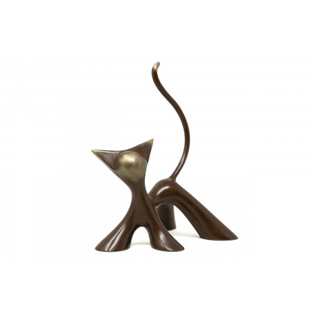 Scultura in bronzo patinato marrone e oro di un gattino dell'artista scultore di animali Lolek