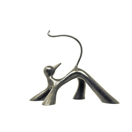 Stone-coloured patinated bronze sculpture of a playful cat by animal sculptor artist Lolek