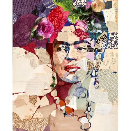 Stralende Frida Kahlo kleurrijke portretschilderij in collage en olieverf op doek door schilder Carme Magem
