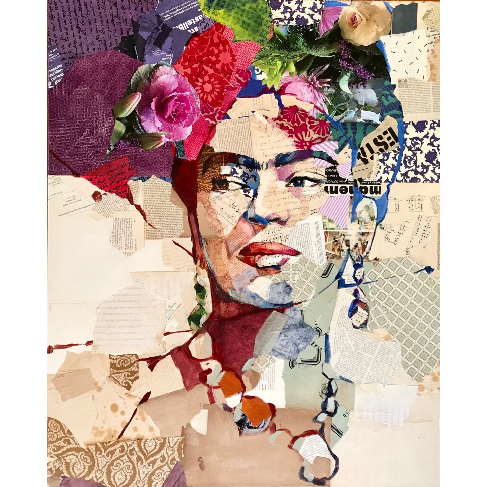 Radiant Frida Kahlo colorful portrait painting in collage and oil on canvas by painter Carme Magem