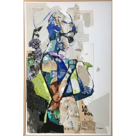 Profielportret van Audrey Hepburn in collage en olieverf op karton door de schilder Carme Magem