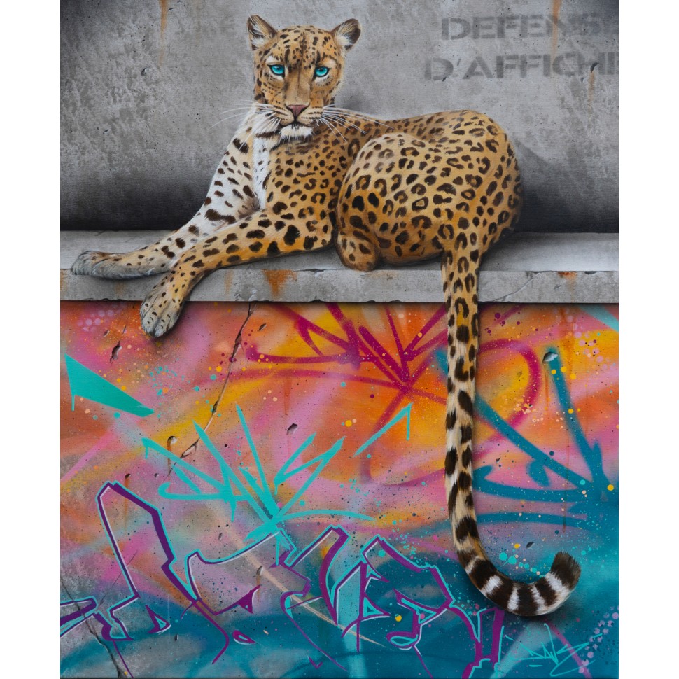 Canvas painting of a young leopard in the city above wall tags by mural artist Dave Baranes