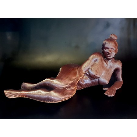 Amanda sculpture in MDF wood of a woman stretched out by the sculptor artist Olivier Duhamel