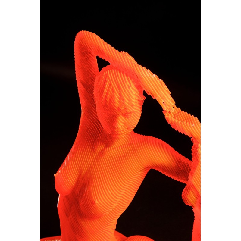 Roxanne, œuvre d’Olivier Duhamel, acrylique orange révélant la fluidité et la grâce d’une femme en yoga.