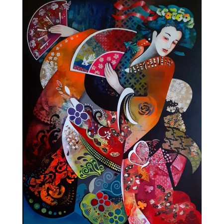 Pintura de técnica mixta de geisha por la pintora colorista Anita Rautureau