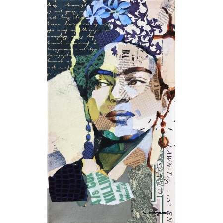 Blauw portret in olieverf en collages van Frida Kahlo door de collagistische schilder Carme Magem