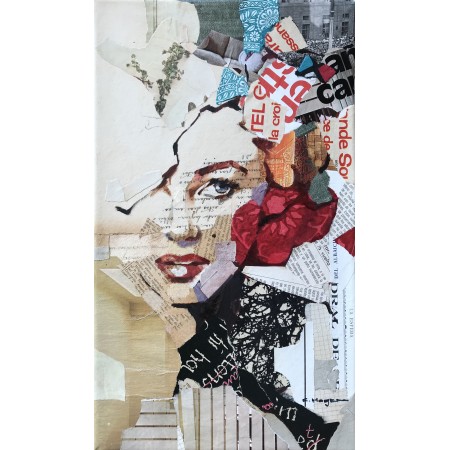 Ritratto rosso in pittura ad olio e collage di Marilyn Monroe del pittore collagista Carme Magem