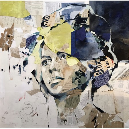 Ritratto in pittura ad olio e collage di una giovane donna del pittore collagista Carme Magem