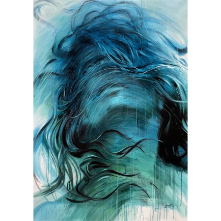 Sea song oil and charcoal painting of the portrait of a woman with moving hair by the painter Ewa Hauton