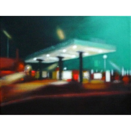 Painting night service station in the street at night by the painter Laëtitia Giraud