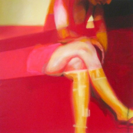 L'Ennui dipinto acrilico su tela del corpo di una donna rosa e rossa seduta della pittrice Laëtitia Giraud