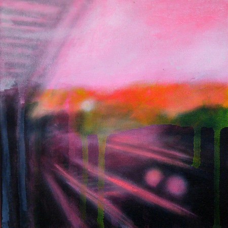 All About That Bass pink and red painting of a station street at dusk by painter Laëtitia Giraud